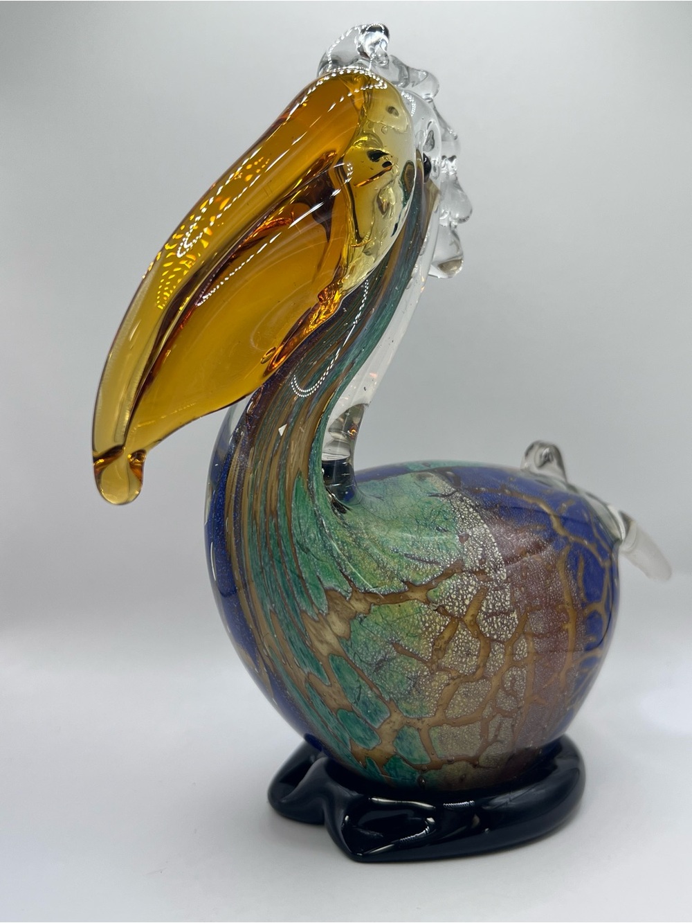 Cottagecore Hand-Blown Glass Pelican Figurine - Amber Beak, Multicolor Body